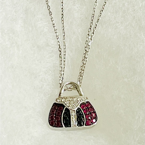 MIRABELLE Solid 18k 18kt white gold ruby and sapphire purse bag pendant necklace - Picture 3 of 16